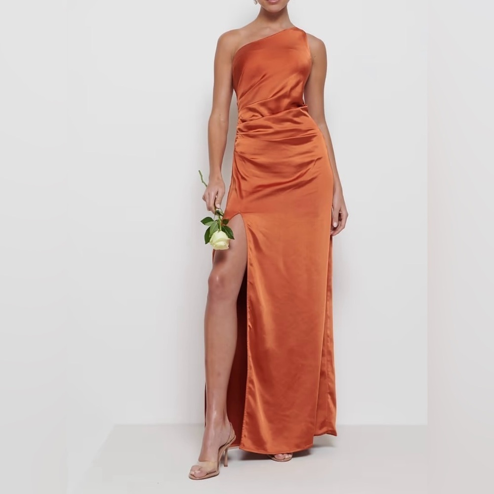 Brown One Shoulder Ruched Gown With Slit